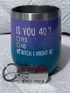 Funny 40th Birthday Wine Tumbler & Keychain Set - Purple to Teal Ombre